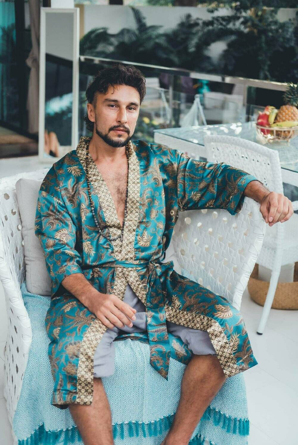 Men's long Balinese print kimono robe, Green & Gold, by Eva Moon, view 2