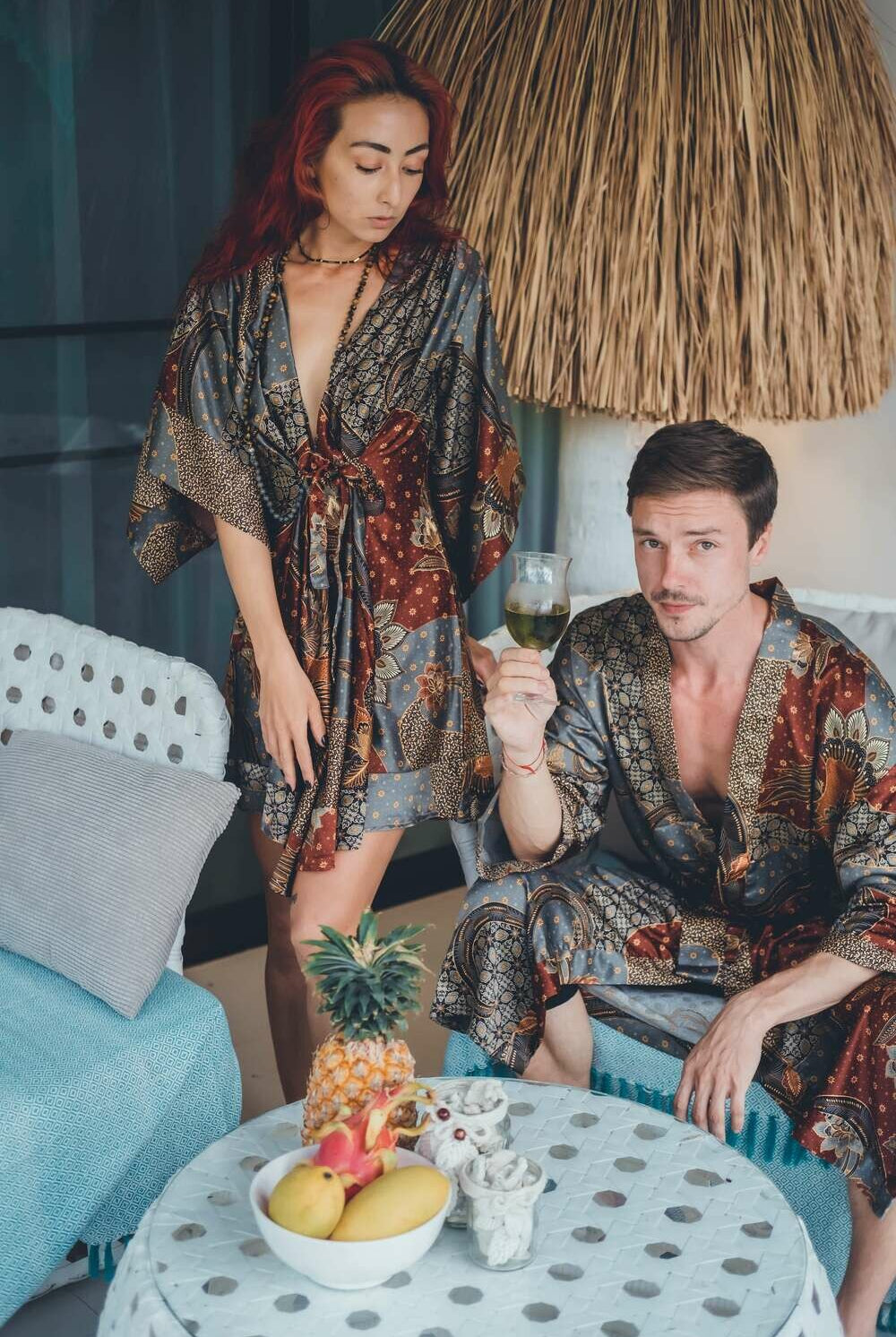 Men's long Balinese print kimono robe, Grey & Brown, by Eva Moon, view 2