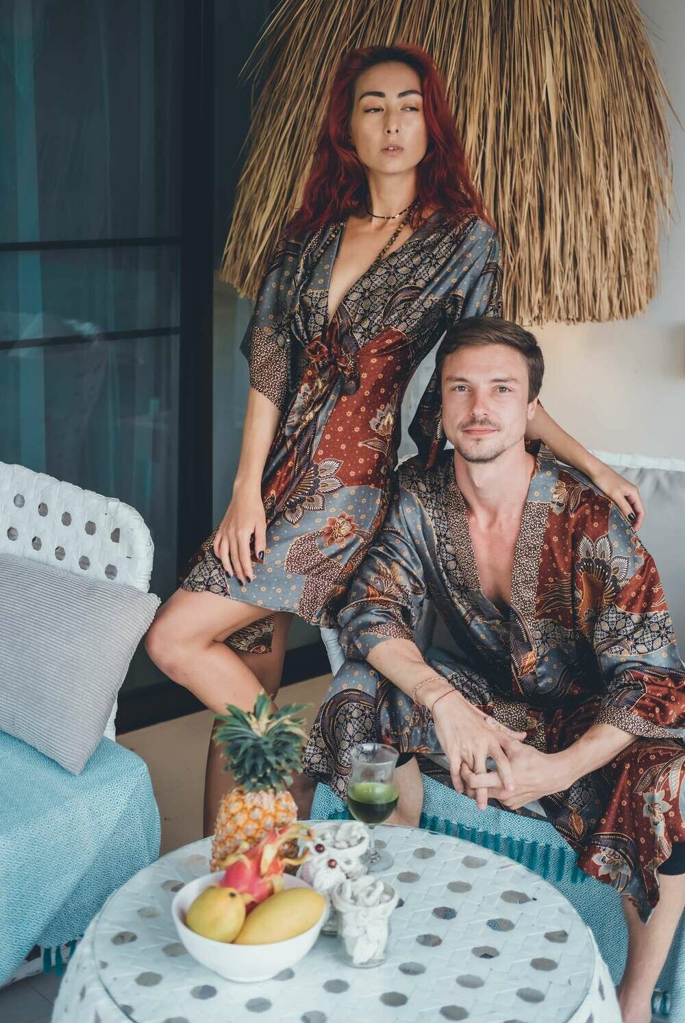 Men's long Balinese print kimono robe, Grey & Brown, by Eva Moon, view 3