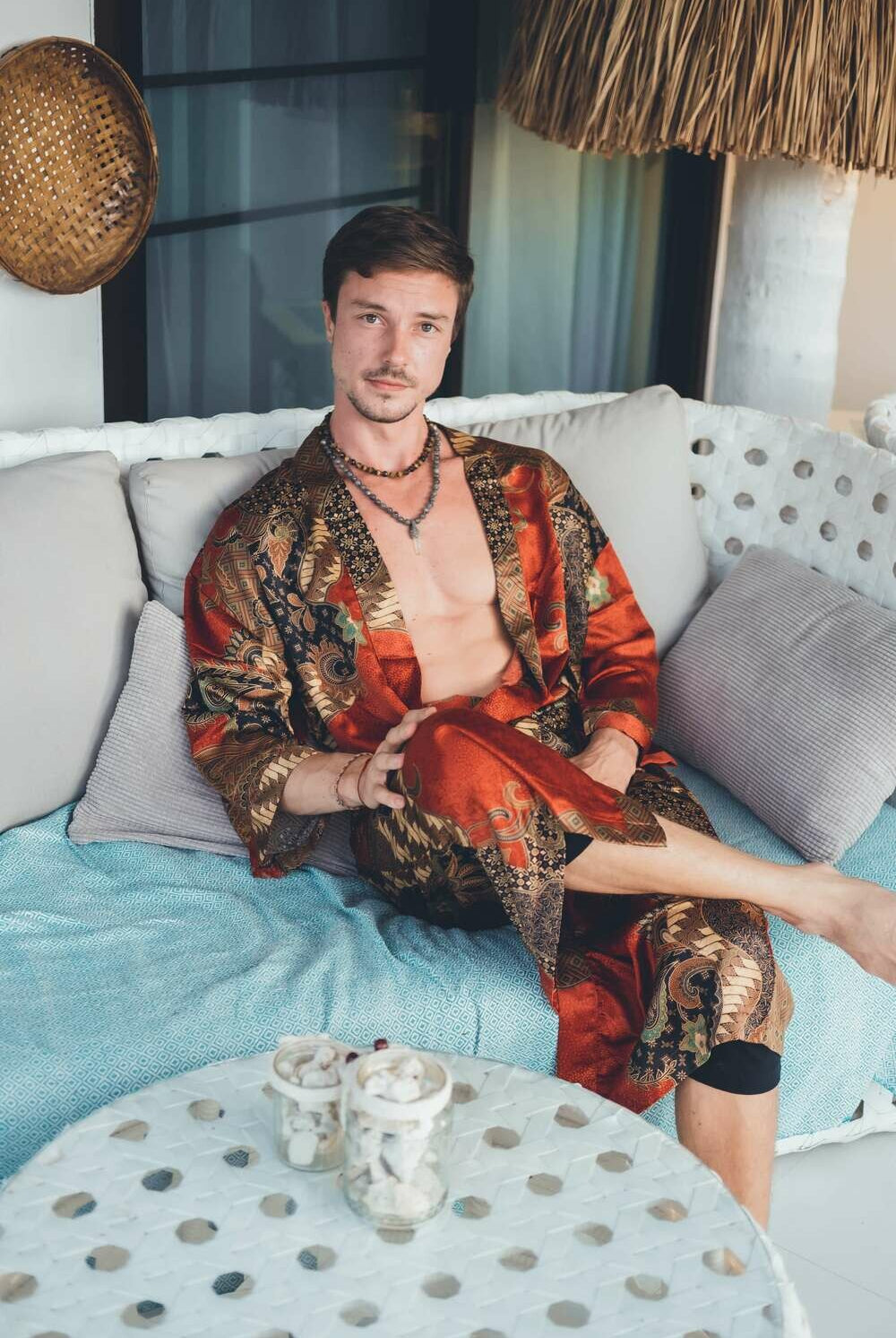 Men's long Balinese print kimono robe, Red, by Eva Moon, view 2