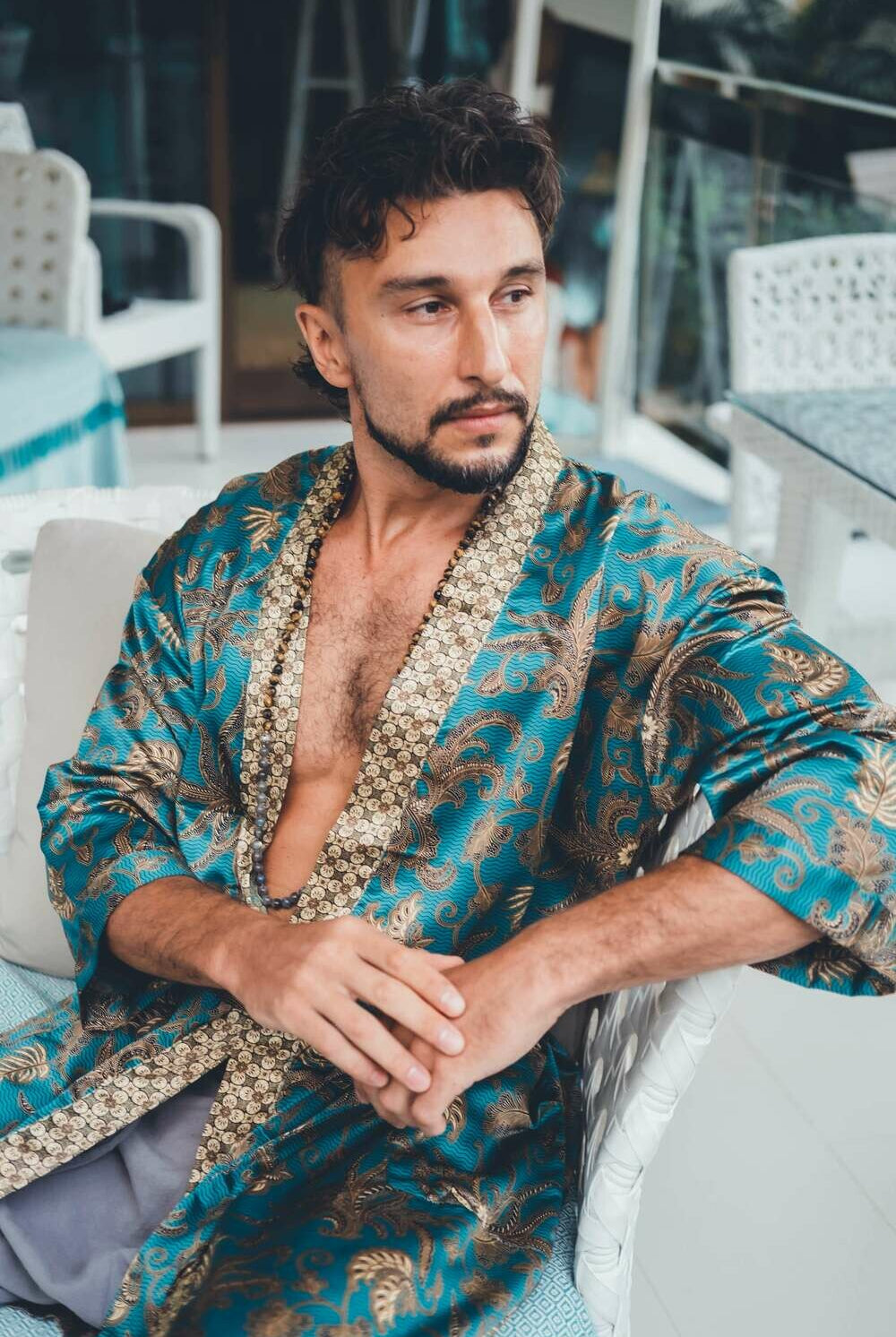 Men's long Balinese print kimono robe, Green & Gold, by Eva Moon
