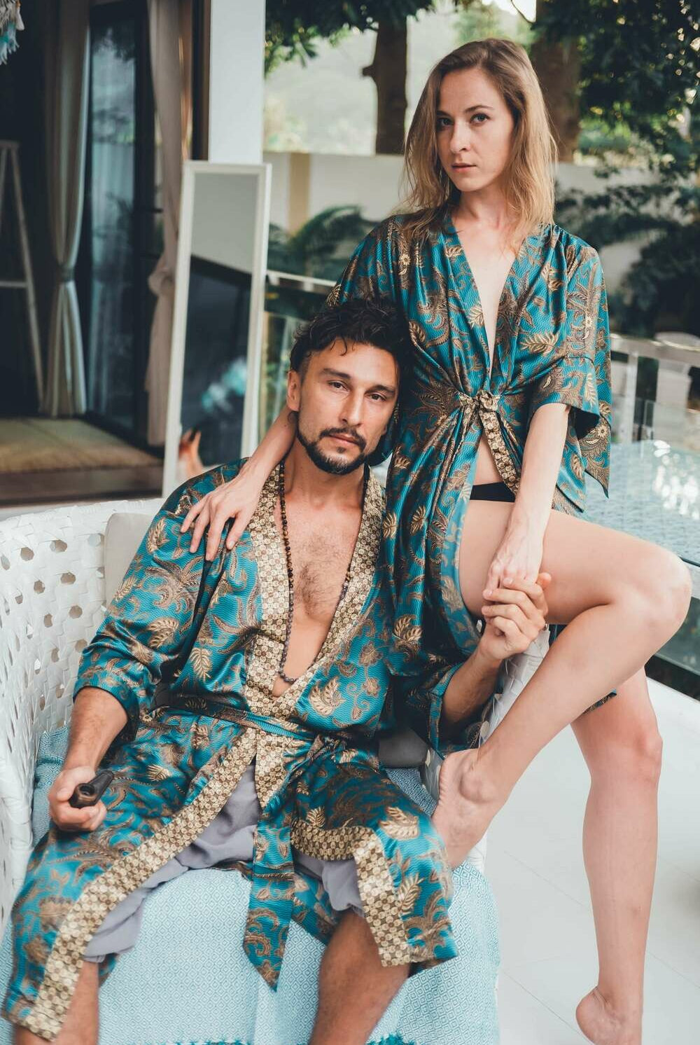 Couple's Silk Kimono Set His and Hers Green&Gold – Eva Moon