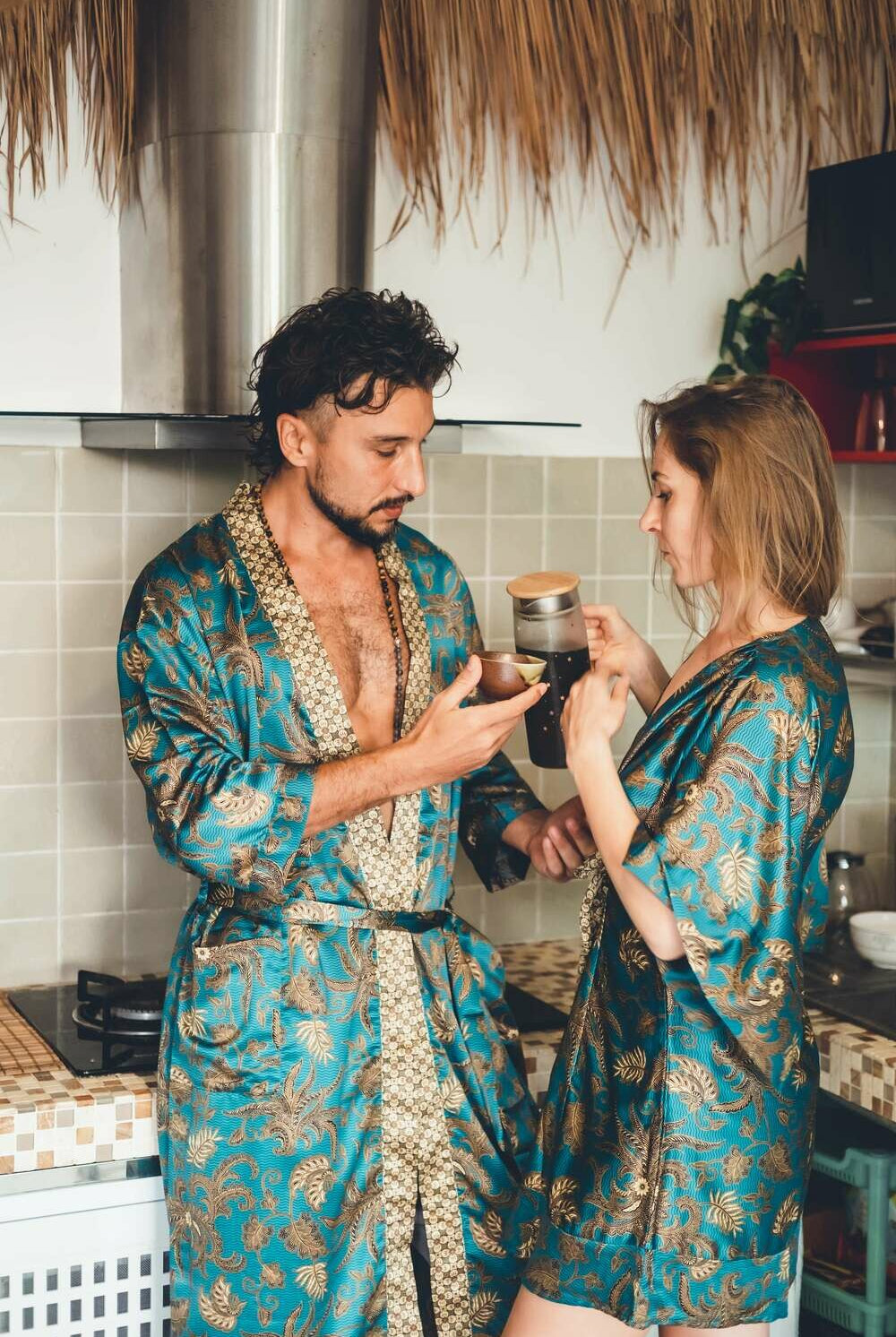 Couple's Silk Kimono Set His and Hers Green&Gold – Eva Moon
