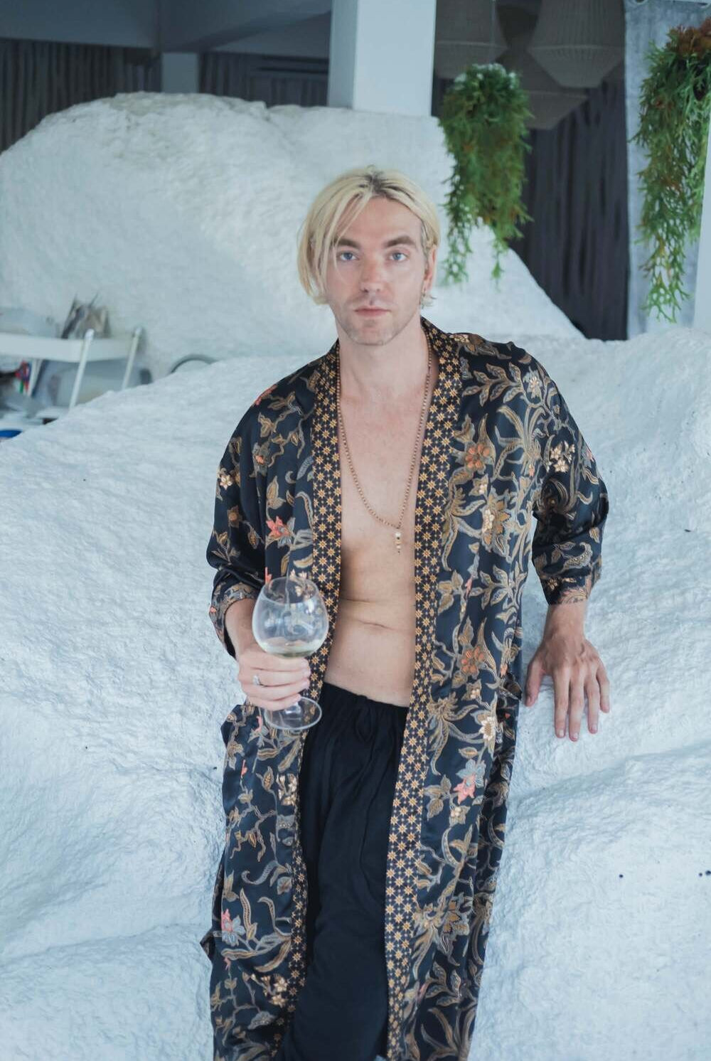Men's long Balinese print kimono robe, Black & Gold, by Eva Moon, view 3