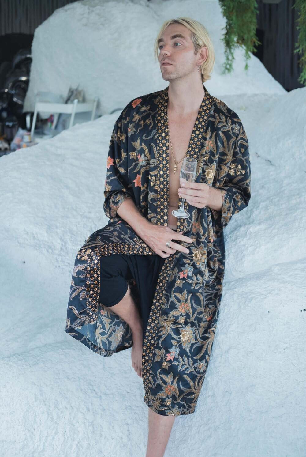 Men's long Balinese print kimono robe, Black & Gold, by Eva Moon, view 5