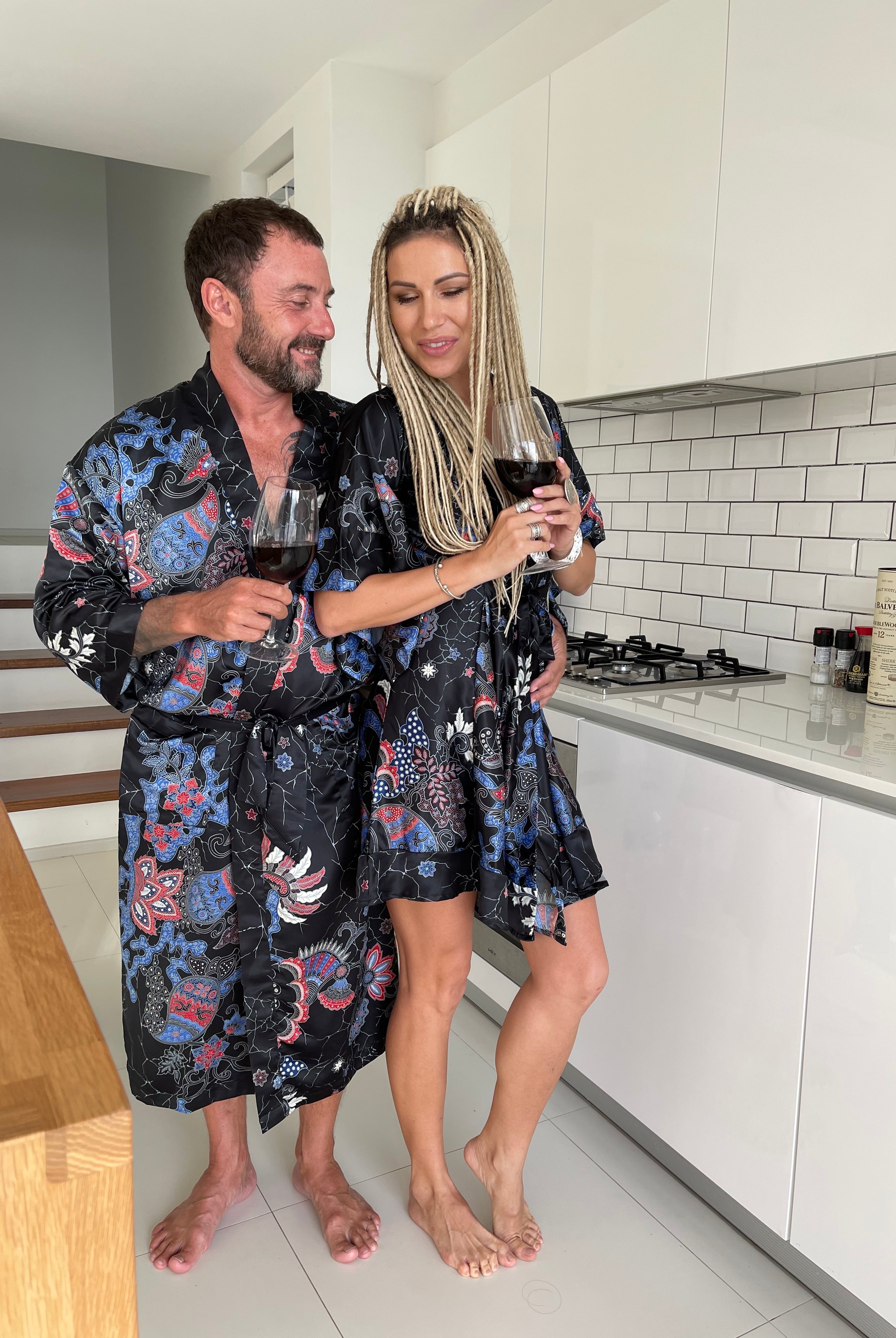 Couple's Silk Kimono Set His and Hers Black&Blue – Eva Moon