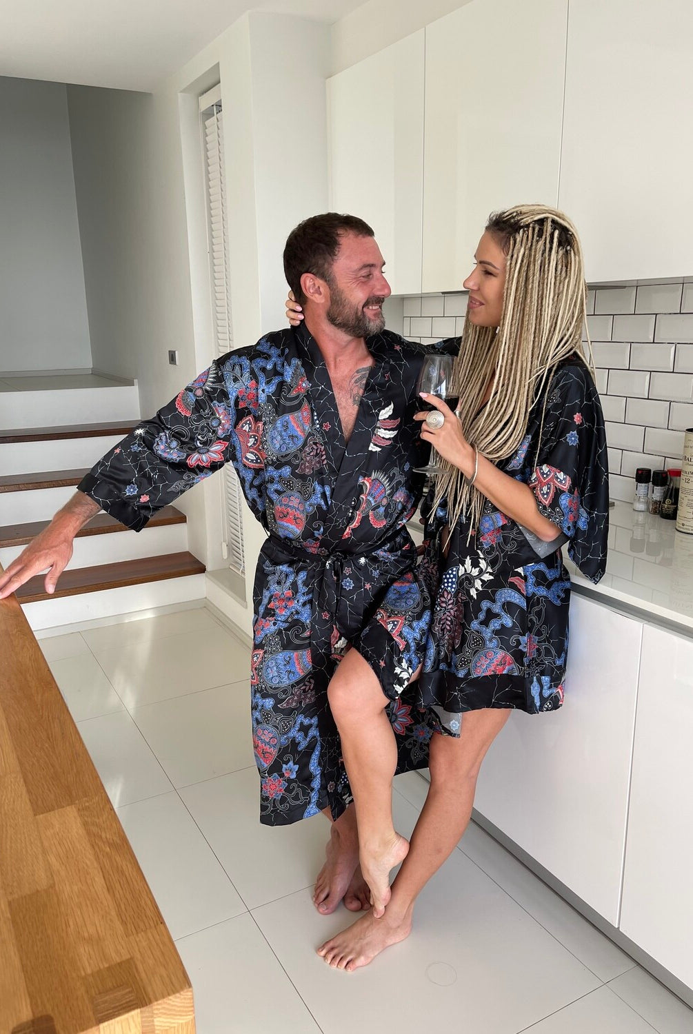 Couple's Silk Kimono Set His and Hers Black&Blue – Eva Moon