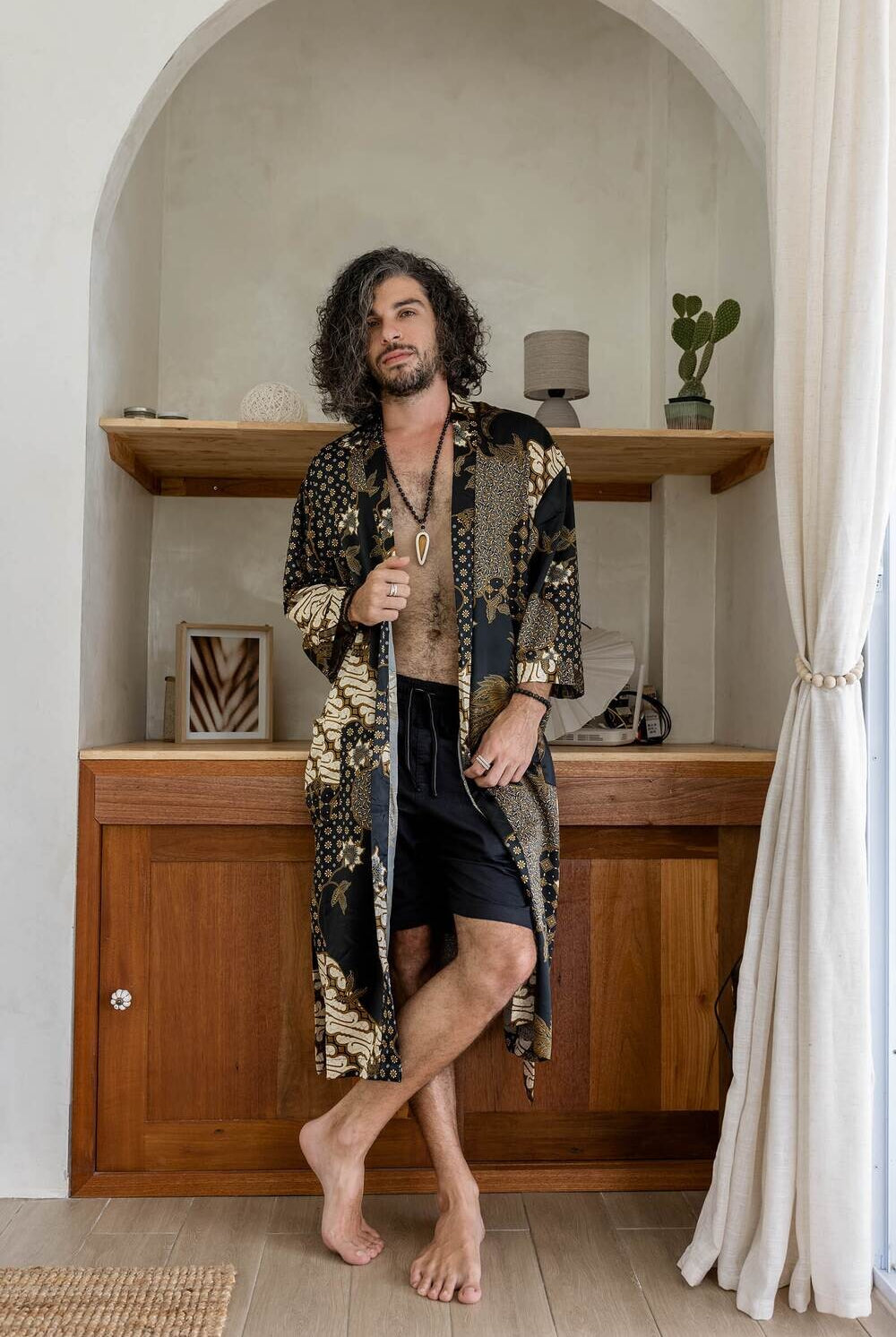 Men's long Balinese print kimono robe, Black & Ivory, by Eva Moon, view 2