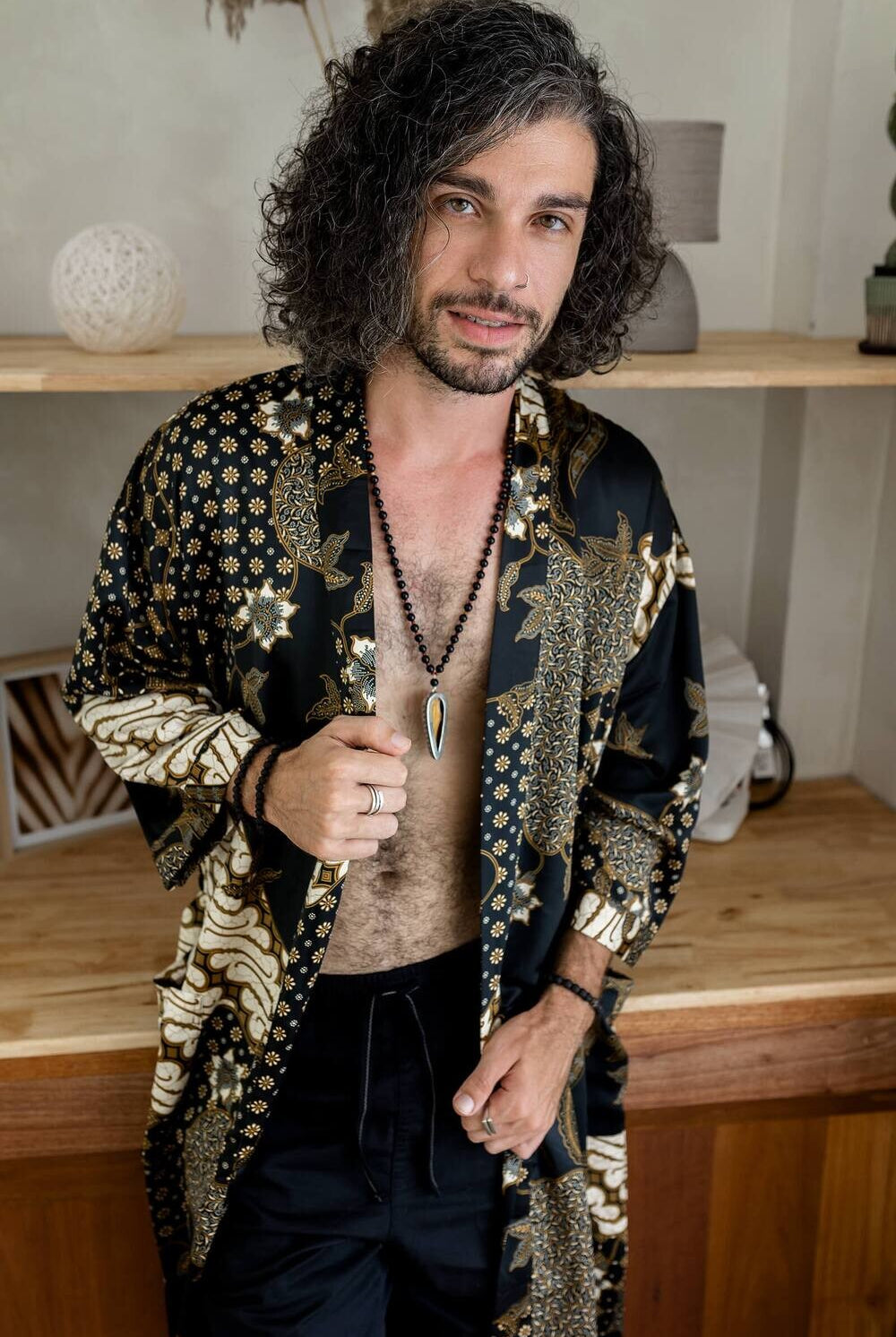 Men's long Balinese print kimono robe, Black & Ivory, by Eva Moon, view 3