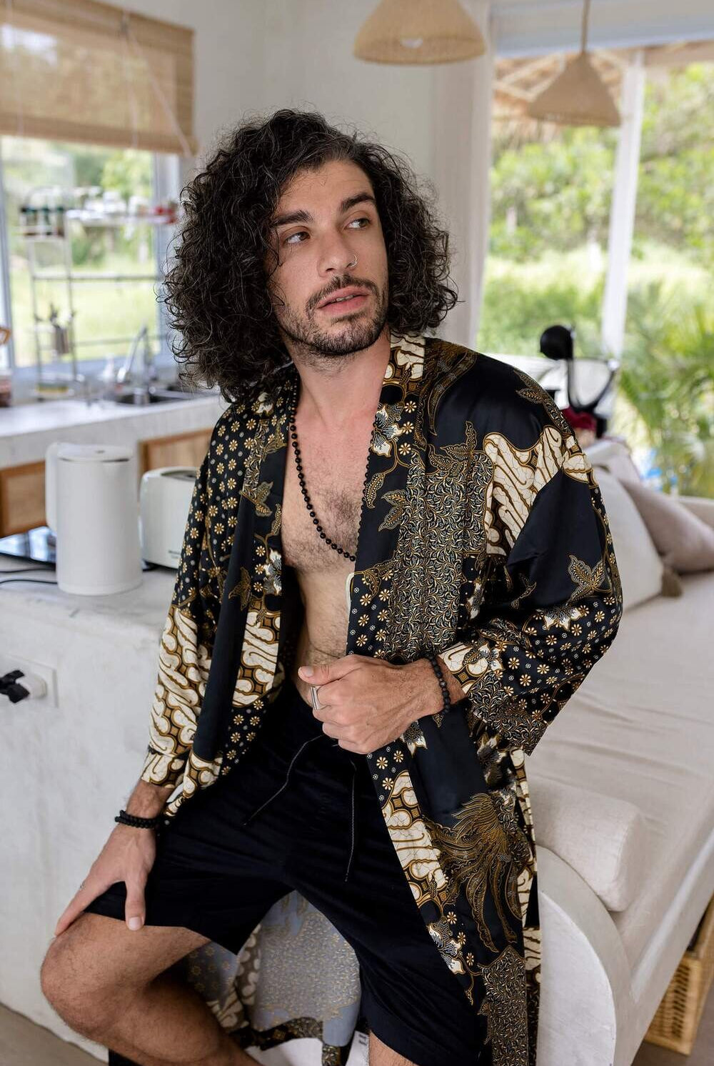 Men's long Balinese print kimono robe, Black & Ivory, by Eva Moon