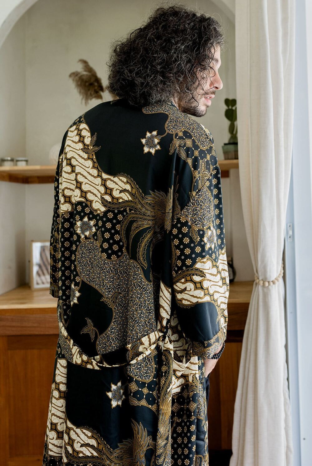 Men's long Balinese print kimono robe, Black & Ivory, by Eva Moon, view 4