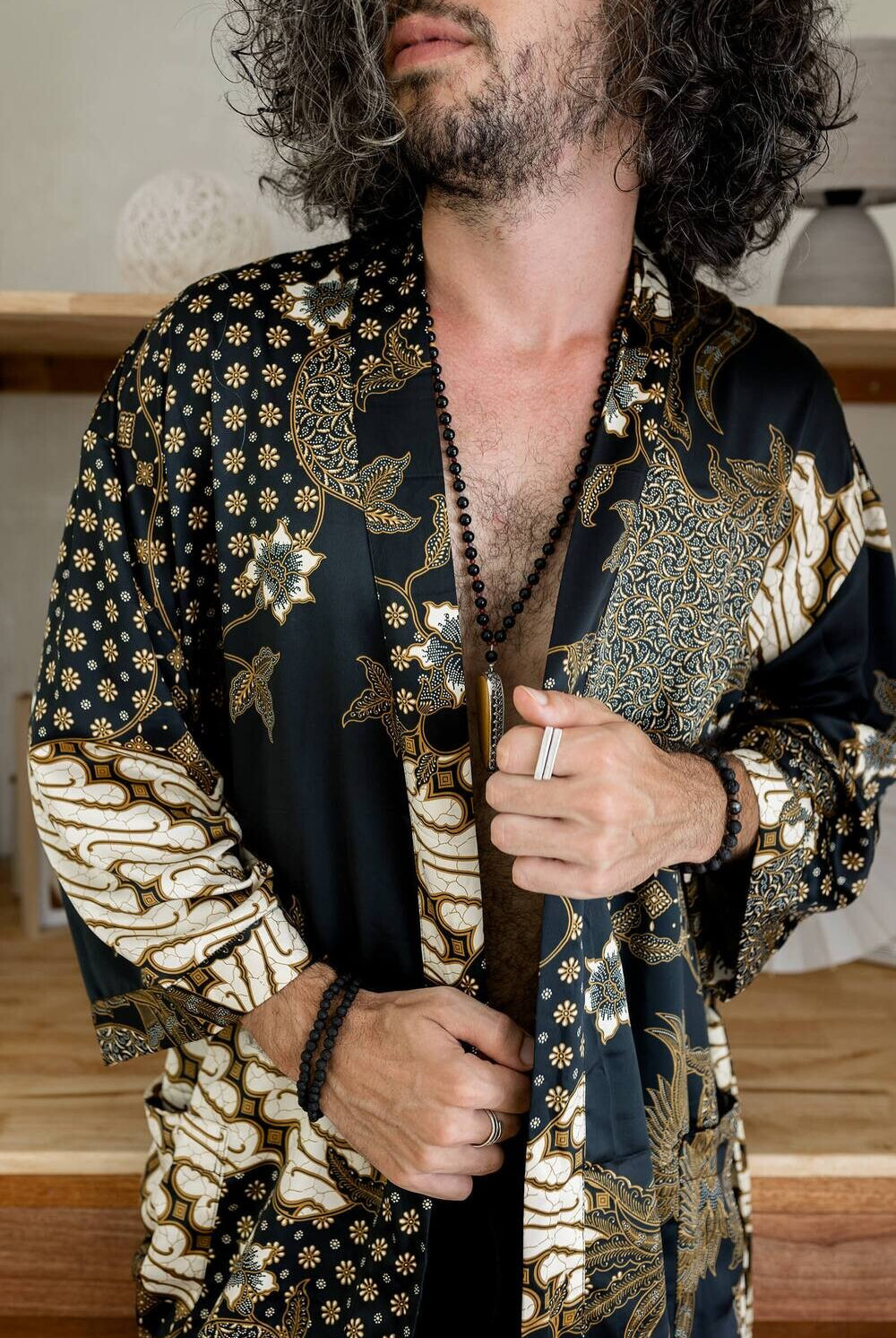 Men's long Balinese print kimono robe, Black & Ivory, by Eva Moon, view 5