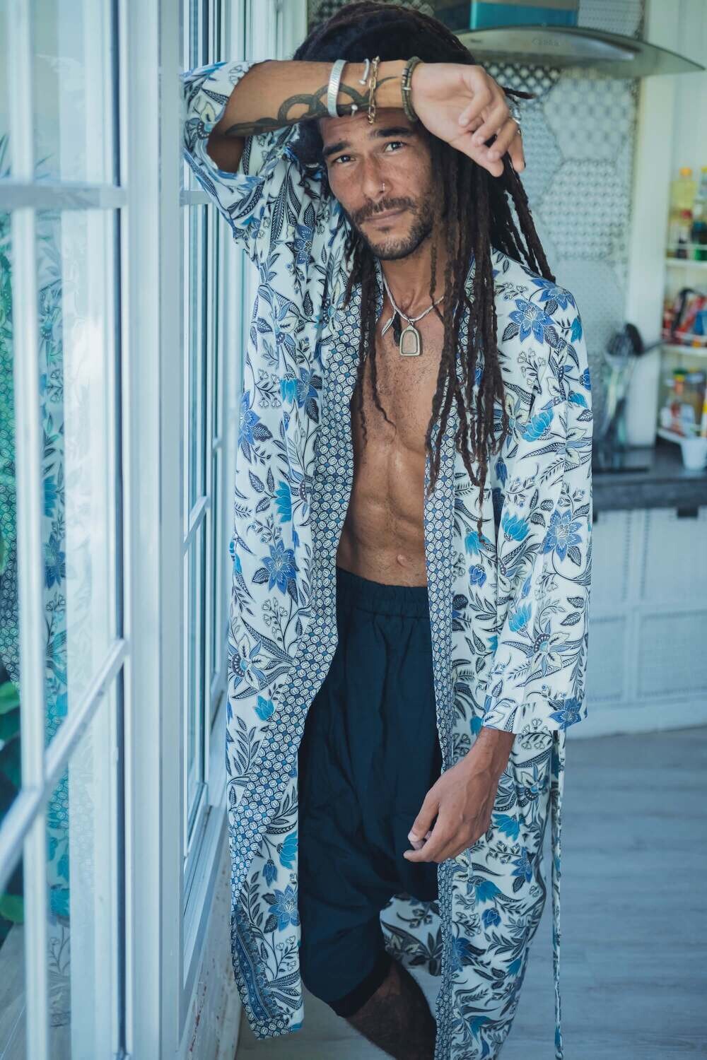 White and blue mens silk kimono - My Store