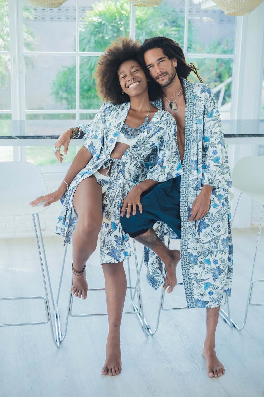 White and blue mens silk kimono - My Store