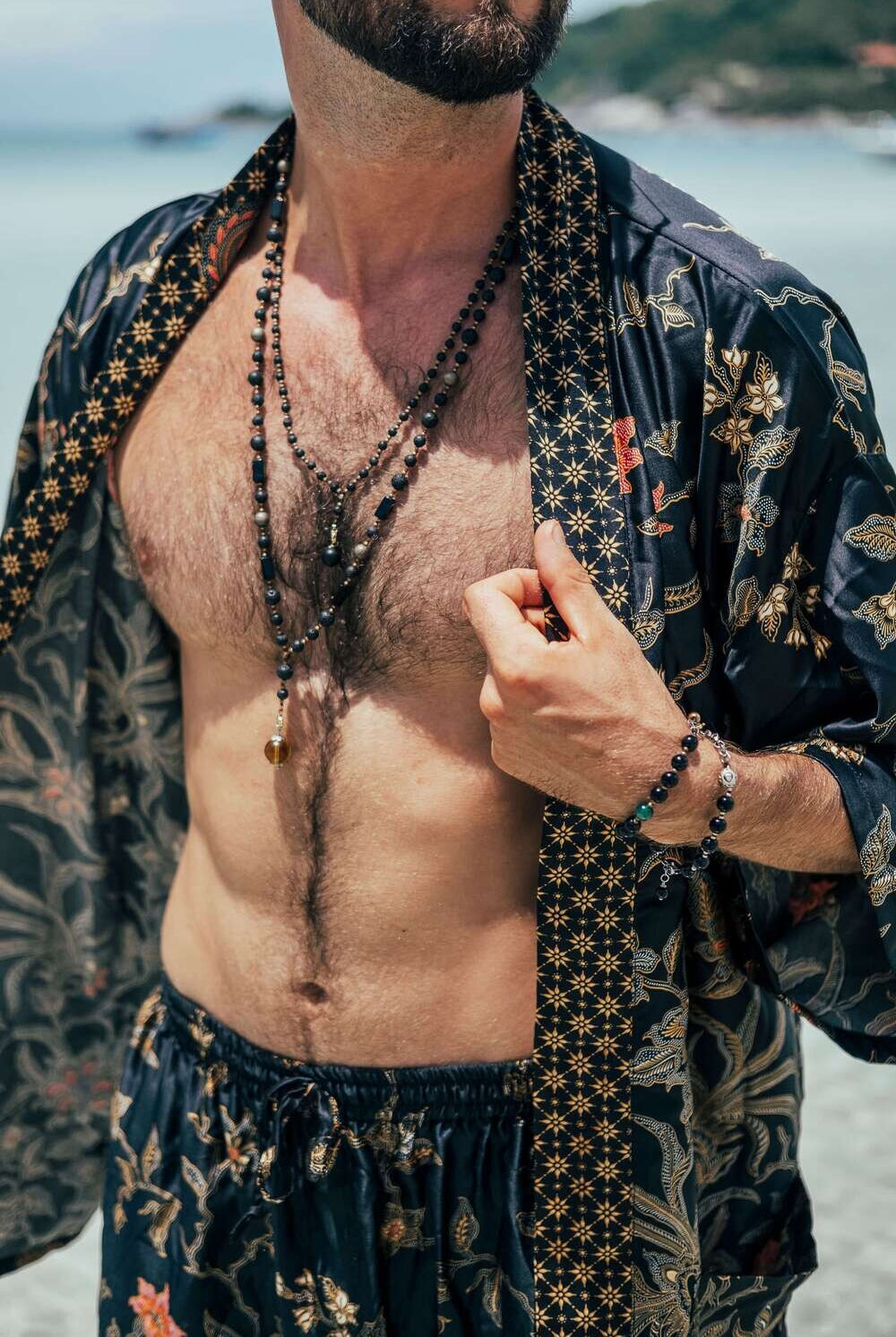Men's short Balinese print kimono robe, Black & Gold, by Eva Moon, view 4