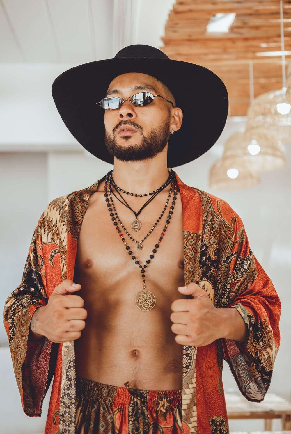 Men's short Balinese print kimono robe, Red, by Eva Moon, view 2