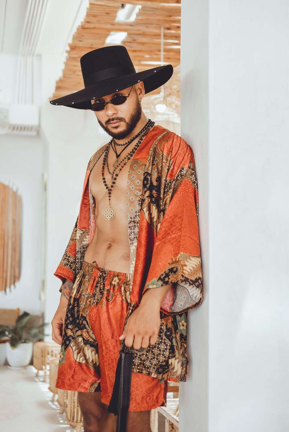 Men's short Balinese print kimono robe, Red, by Eva Moon