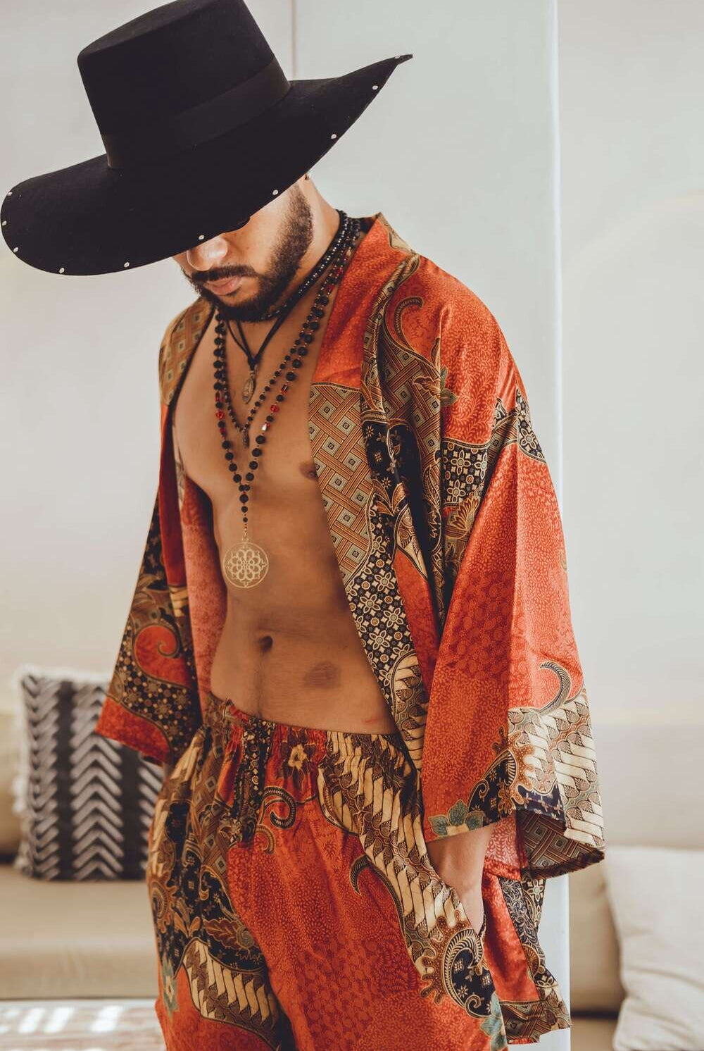 Men's short Balinese print kimono robe, Red, by Eva Moon, view 5