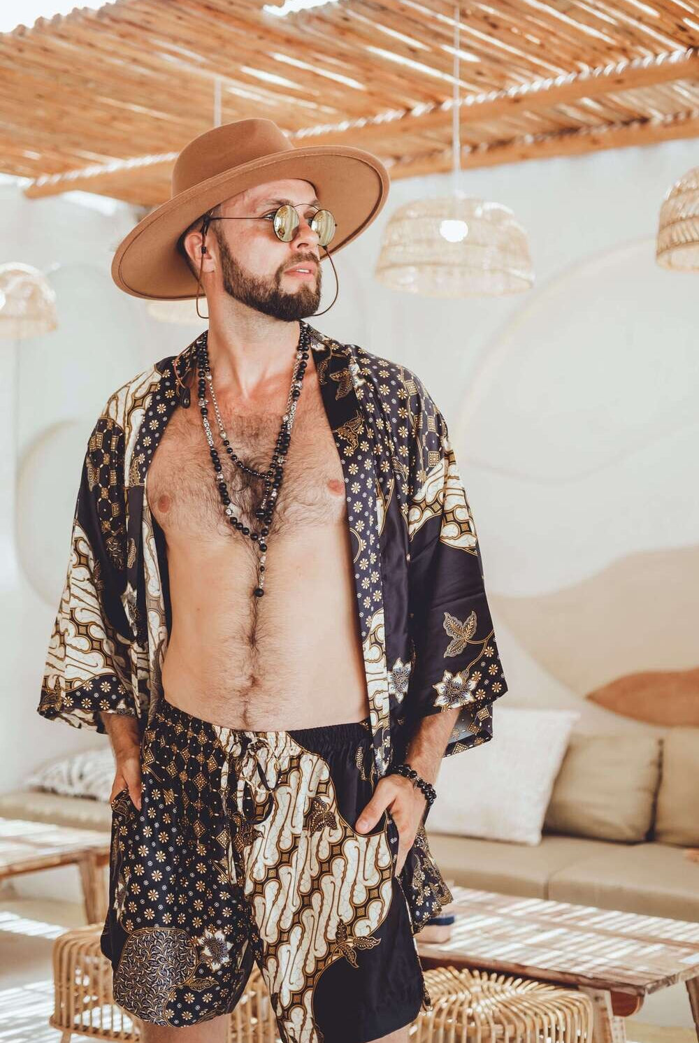Men's short Balinese print kimono robe, Black & Ivory, by Eva Moon