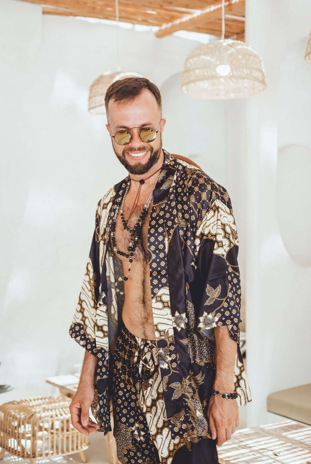 Men's short Balinese print kimono robe, Black & Ivory, by Eva Moon, view 3