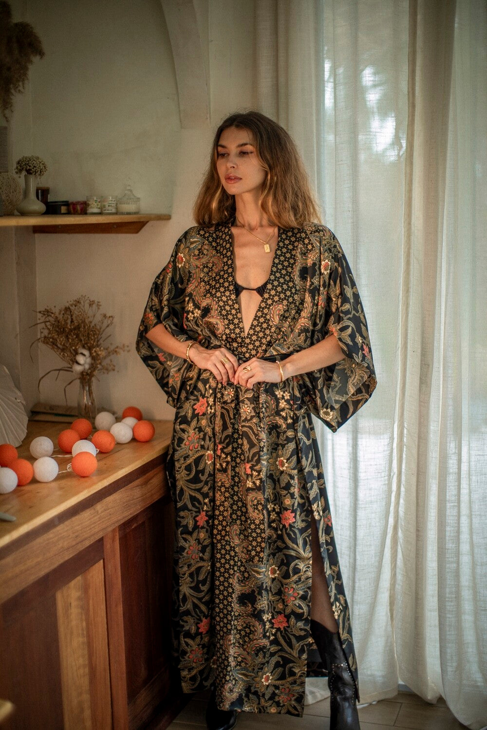 Women Long Black&Gold Kimono — handmade silk kimono by EVA MOON