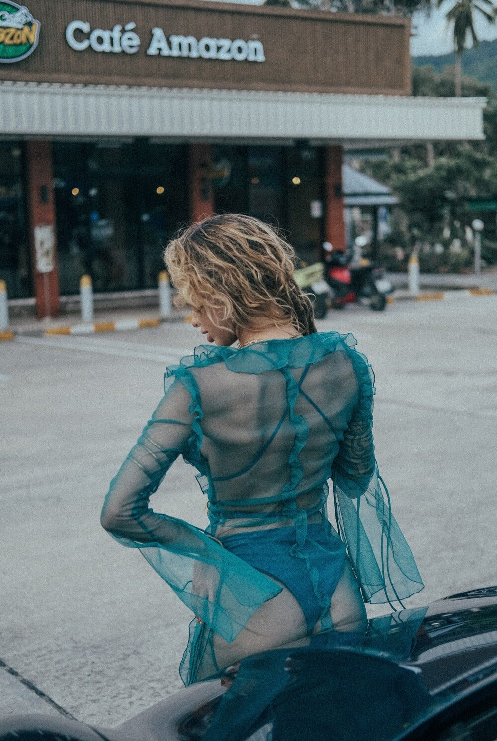 Mesh Dress Amour in Ocean, sheer beach cover-up dress by Eva Moon, view 3
