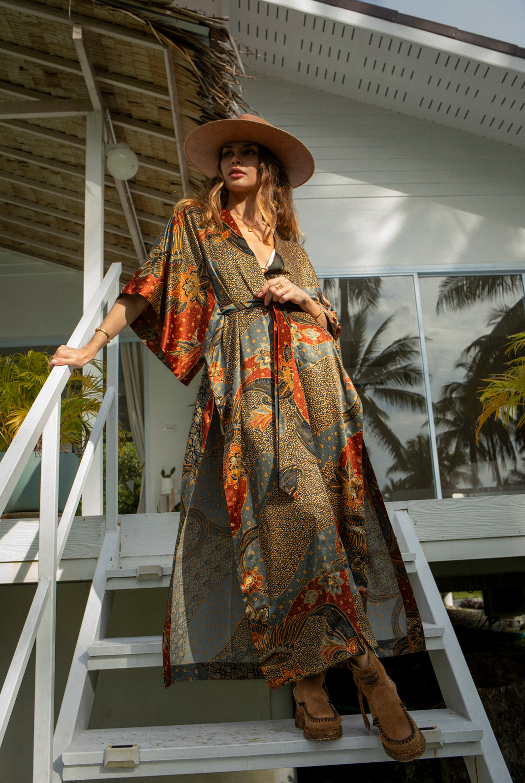 Women's long Balinese print kimono robe, Grey & Brown, by Eva Moon