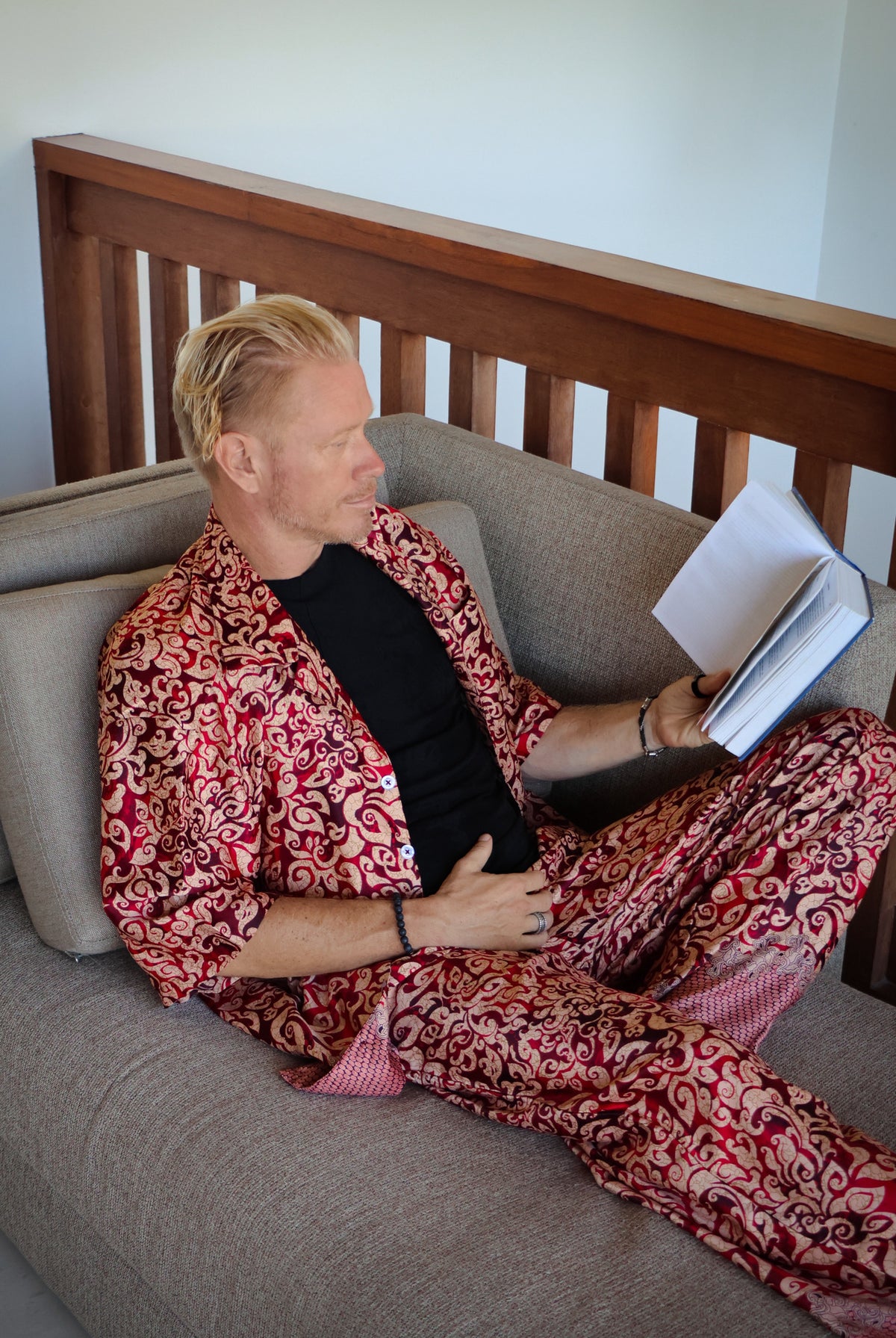 Men's shirt and pants pajama set, Fire print, by Eva Moon, view 3
