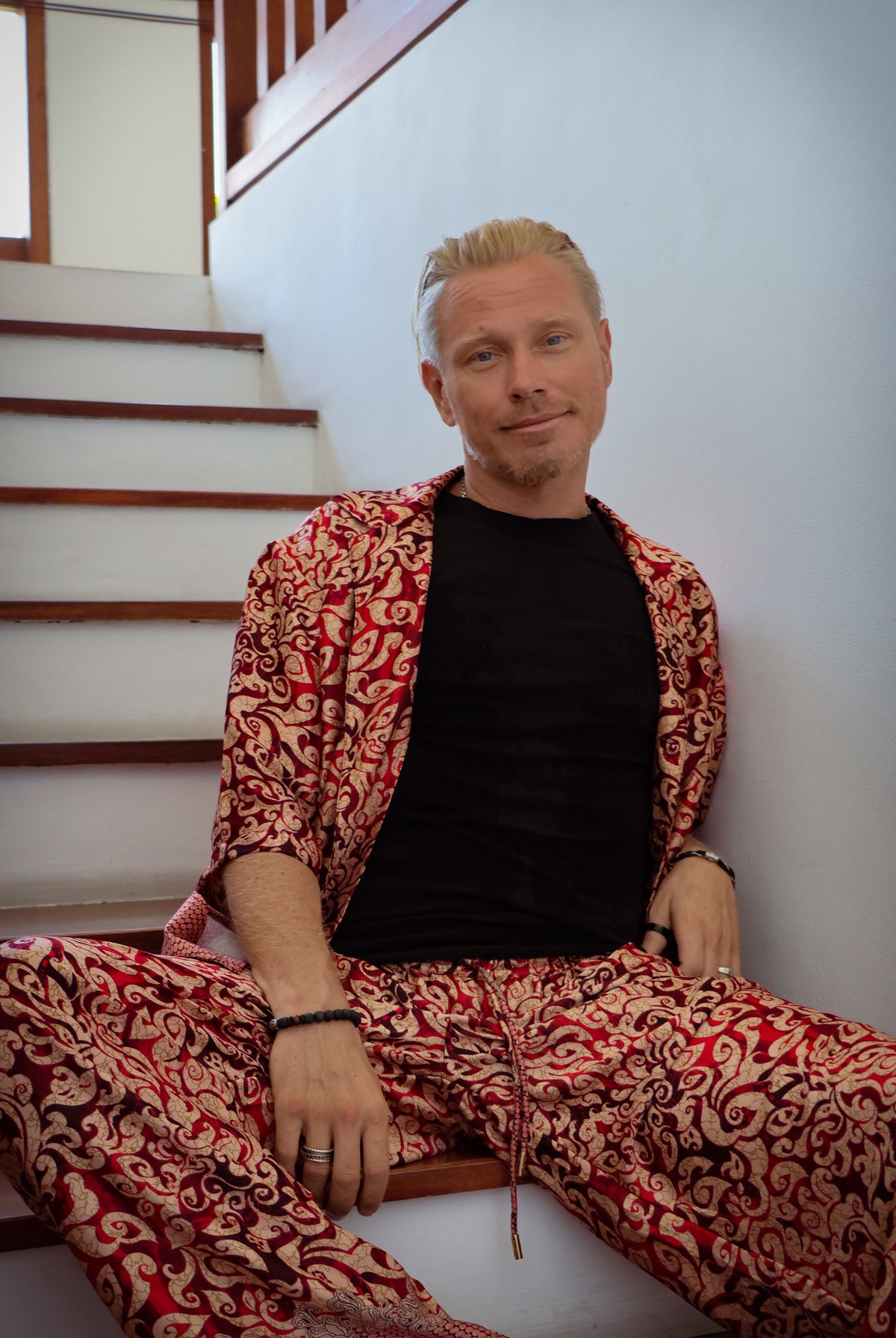 Men's shirt and pants pajama set, Fire print, by Eva Moon, view 2