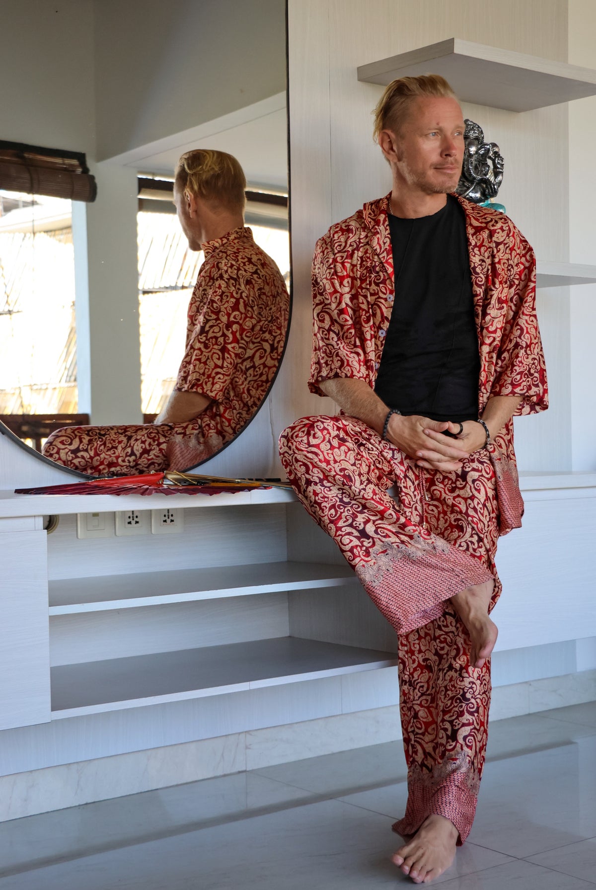 Men's shirt and pants pajama set, Fire print, by Eva Moon, view 5