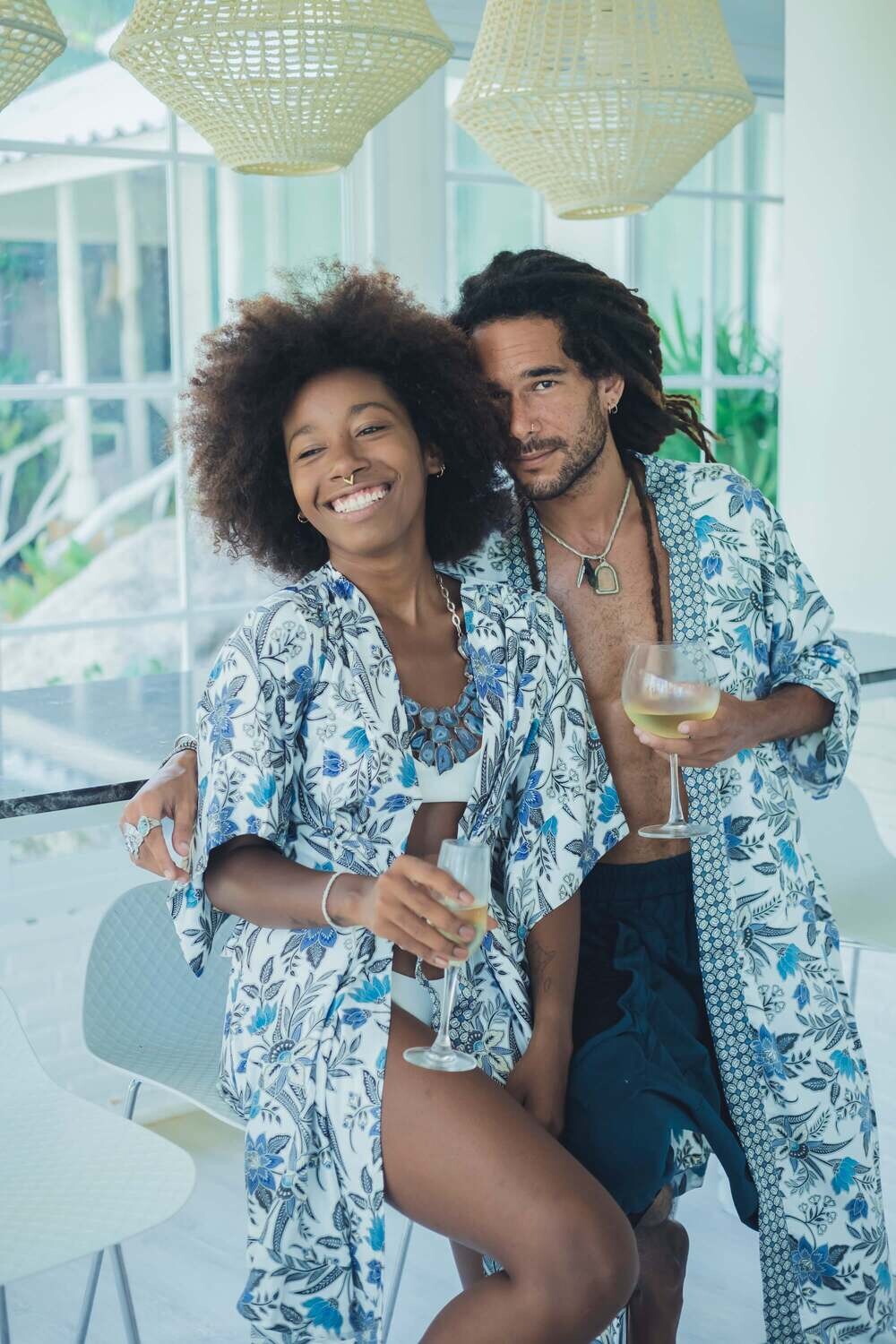 Set of 2 silk White&Blue kimonos for couples - My Store