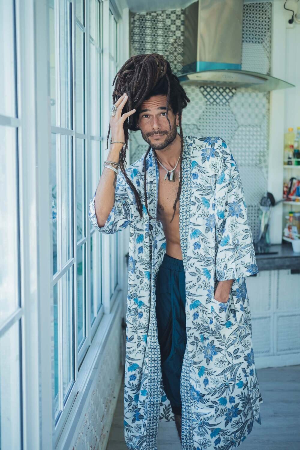 White and blue mens silk kimono - My Store