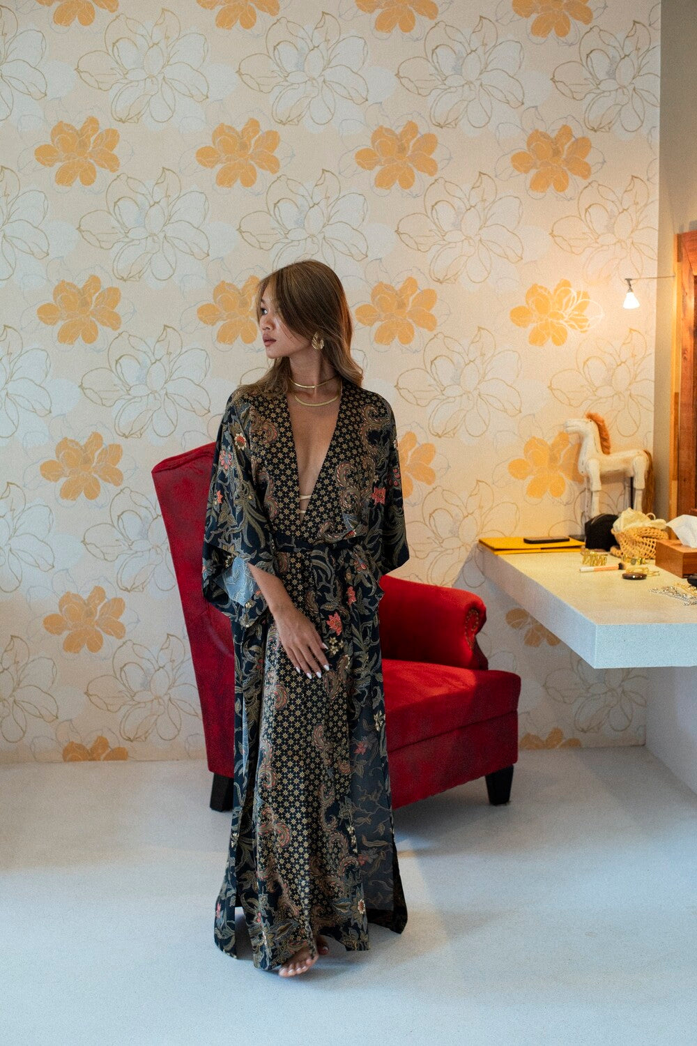 Women Long Black&Gold Kimono — handmade silk kimono by EVA MOON