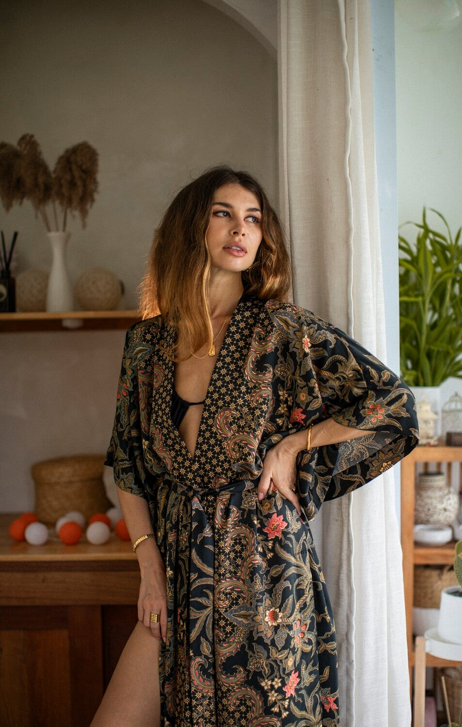 Women Long Black&Gold Kimono — handmade silk kimono by EVA MOON