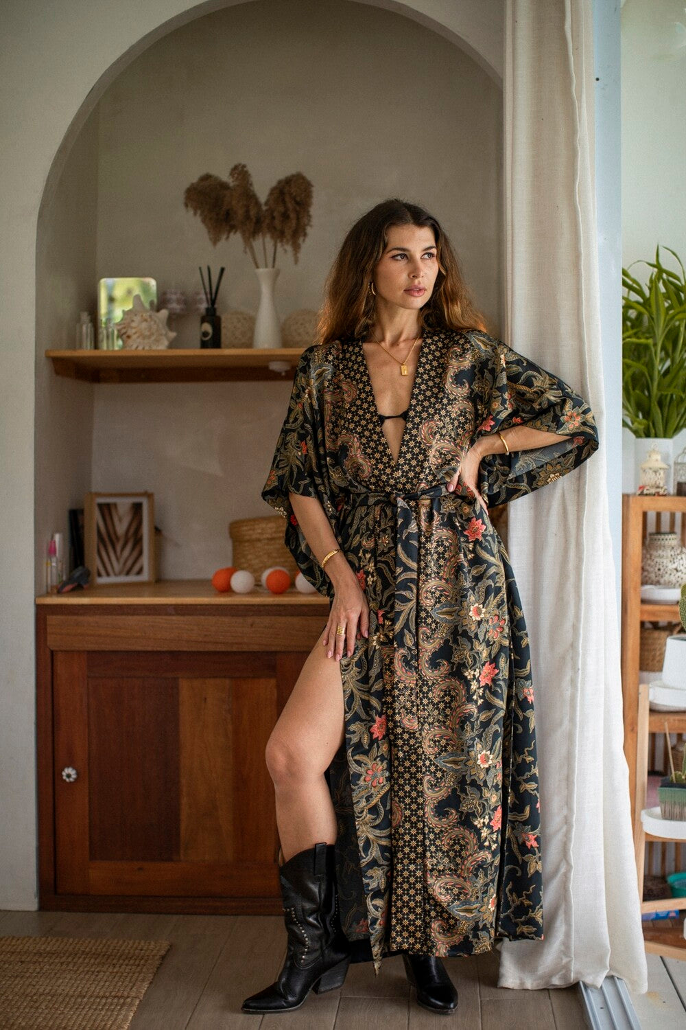 Women Long Black&Gold Kimono — handmade silk kimono by EVA MOON